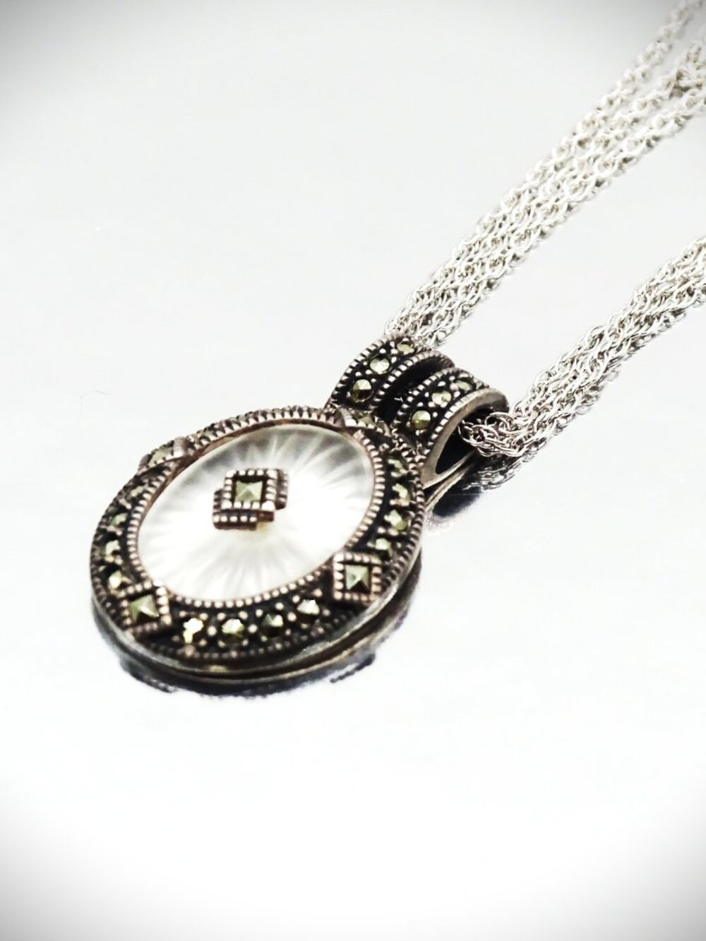JUDITH JACK Sterling Silver Camphor Glass & Marcasite Pendant & Chain Necklace